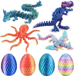 4PCS 3D Printed Dragon Octopuses with Egg Easter Basket Stuffers Easter Egg 3D Printed Animals Toy Set