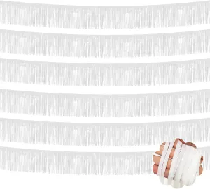 6 Pack 10 Feet White Foil Fringe Garland Metallic Tinsel Streamers Banner Wall Hanging Curtain Backdrop Banner for Parade Floats, Thanksgiving, Christmas, Birthday, Halloween Party Decorations