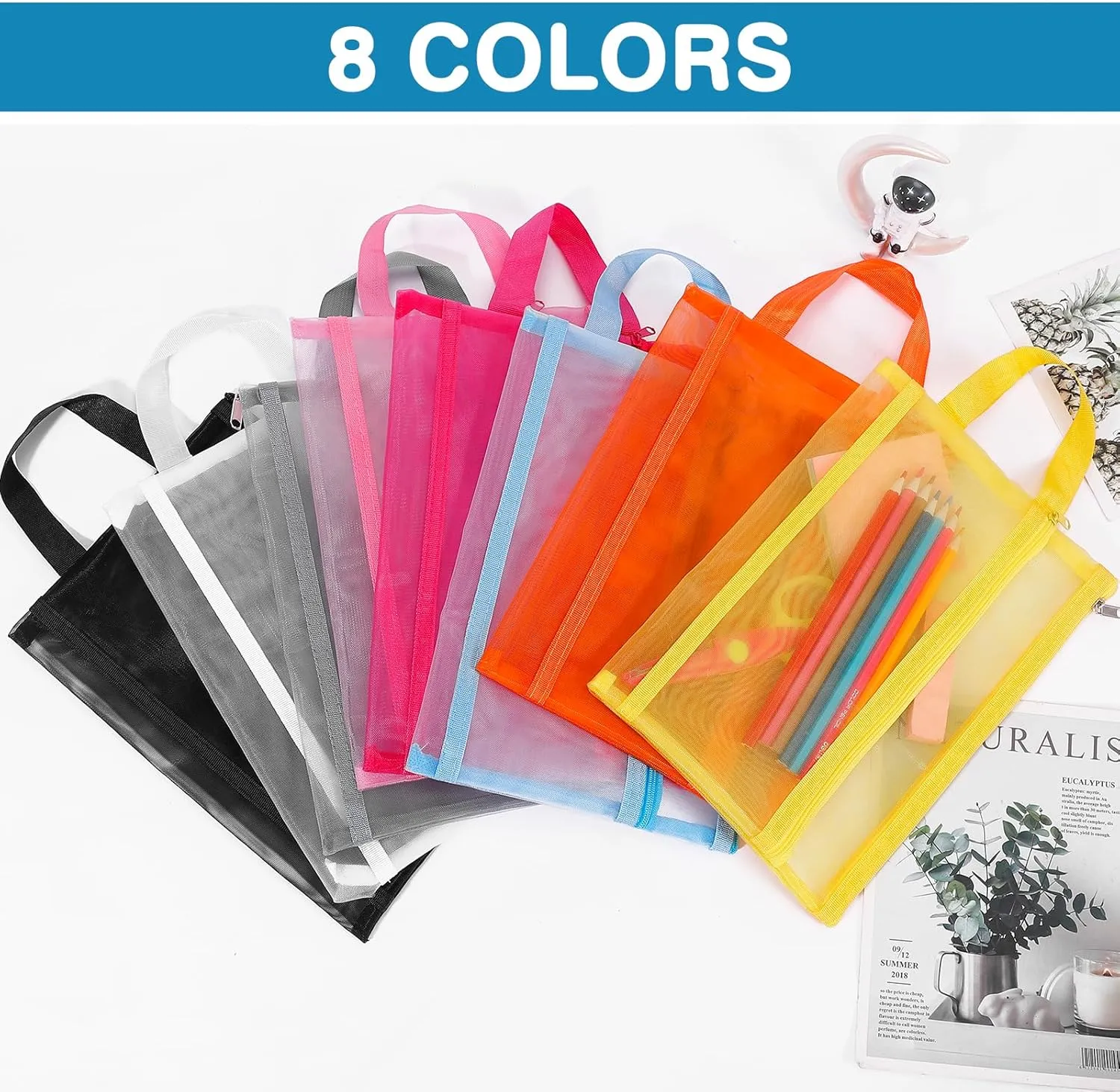 6 Pack Mesh Zipper Pouch Bags, Double Layer Nylon Pouch with Handle for Office Travel Organization (Pink, A4)