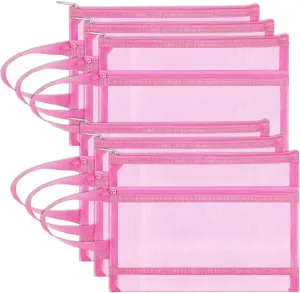 6 Pack Mesh Zipper Pouch Bags, Double Layer Nylon Pouch with Handle for Office Travel Organization (Pink, A4)