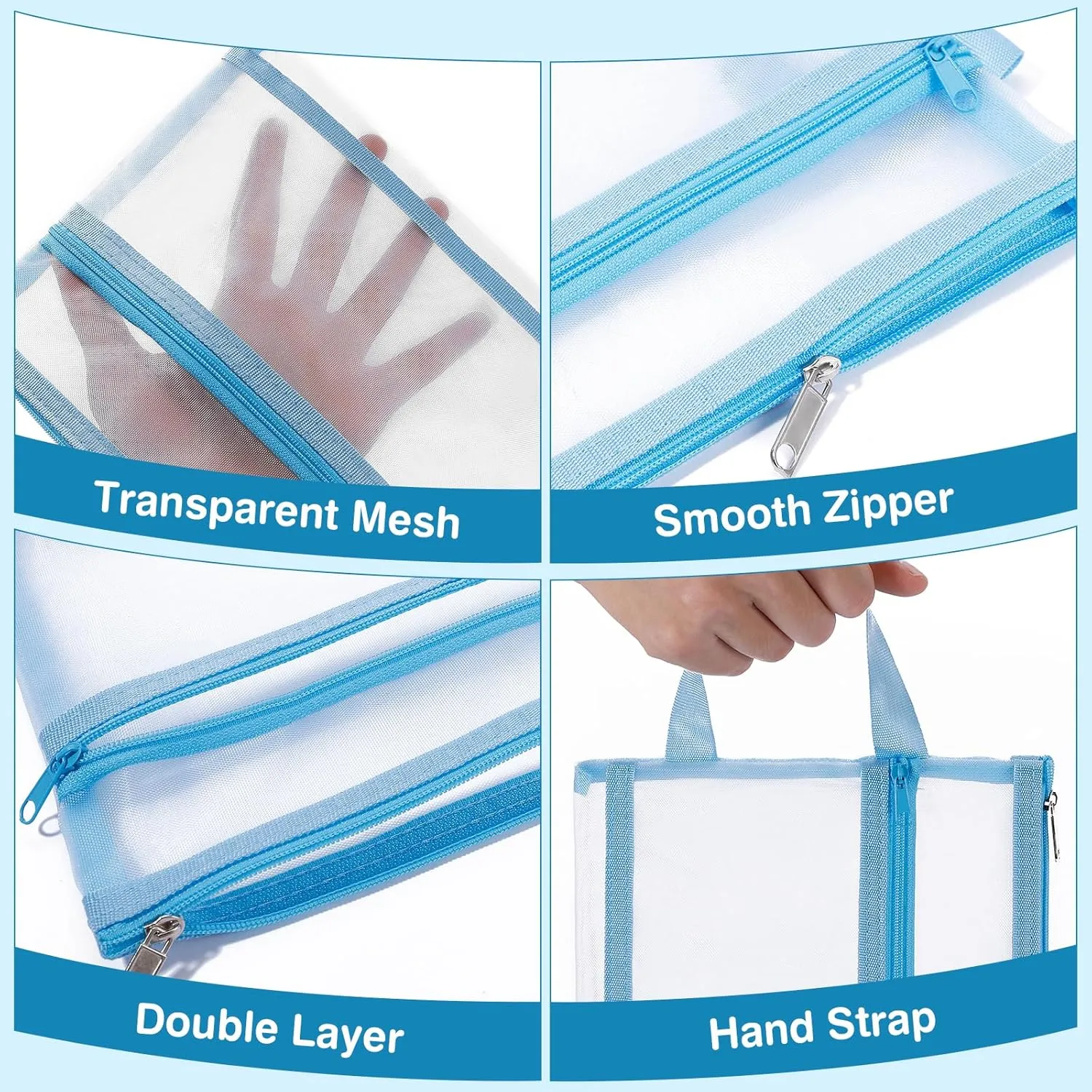 6 Pack Mesh Zipper Pouch Bags, Double Layer Nylon Pouch with Handle for Office Travel Organization (Pink, A4)