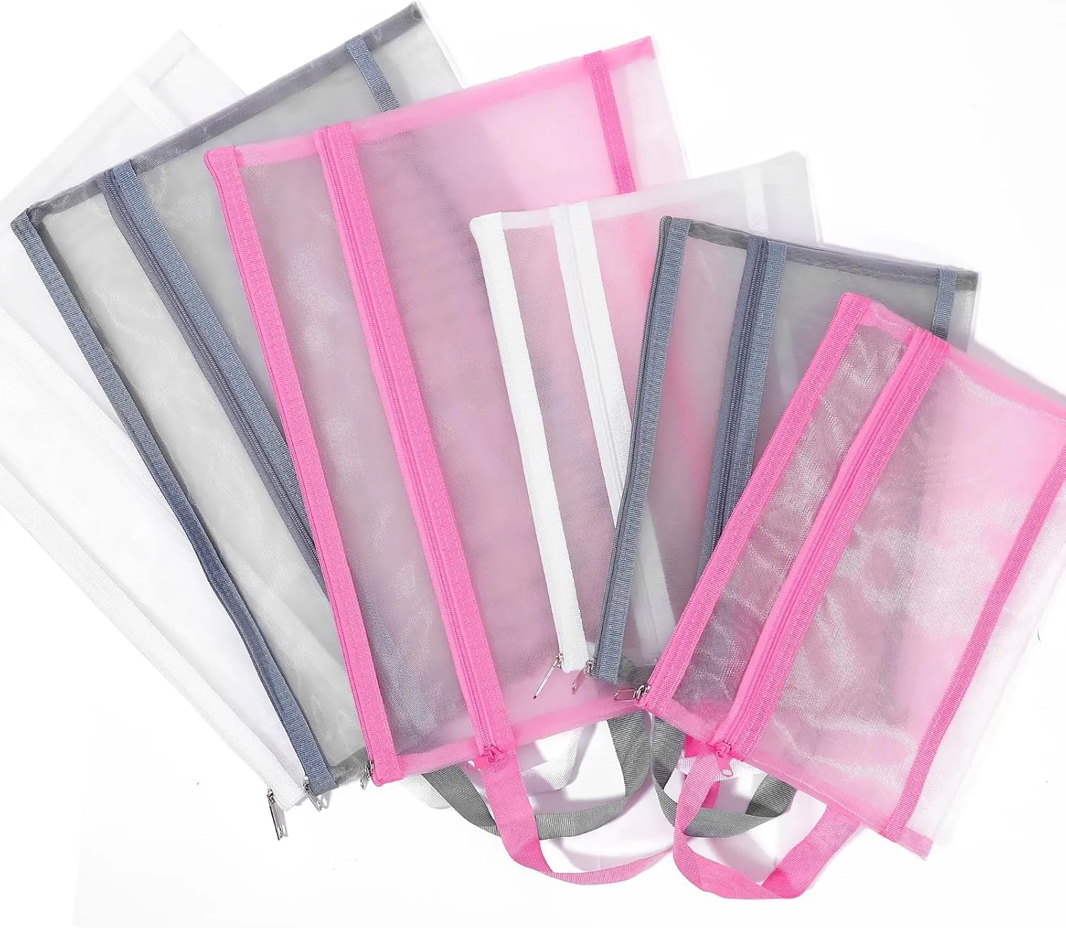 6 Pack Mesh Zipper Pouch Bags, Double Layer Nylon Pouch with Handle for Office Travel Organization (Pink, A4)