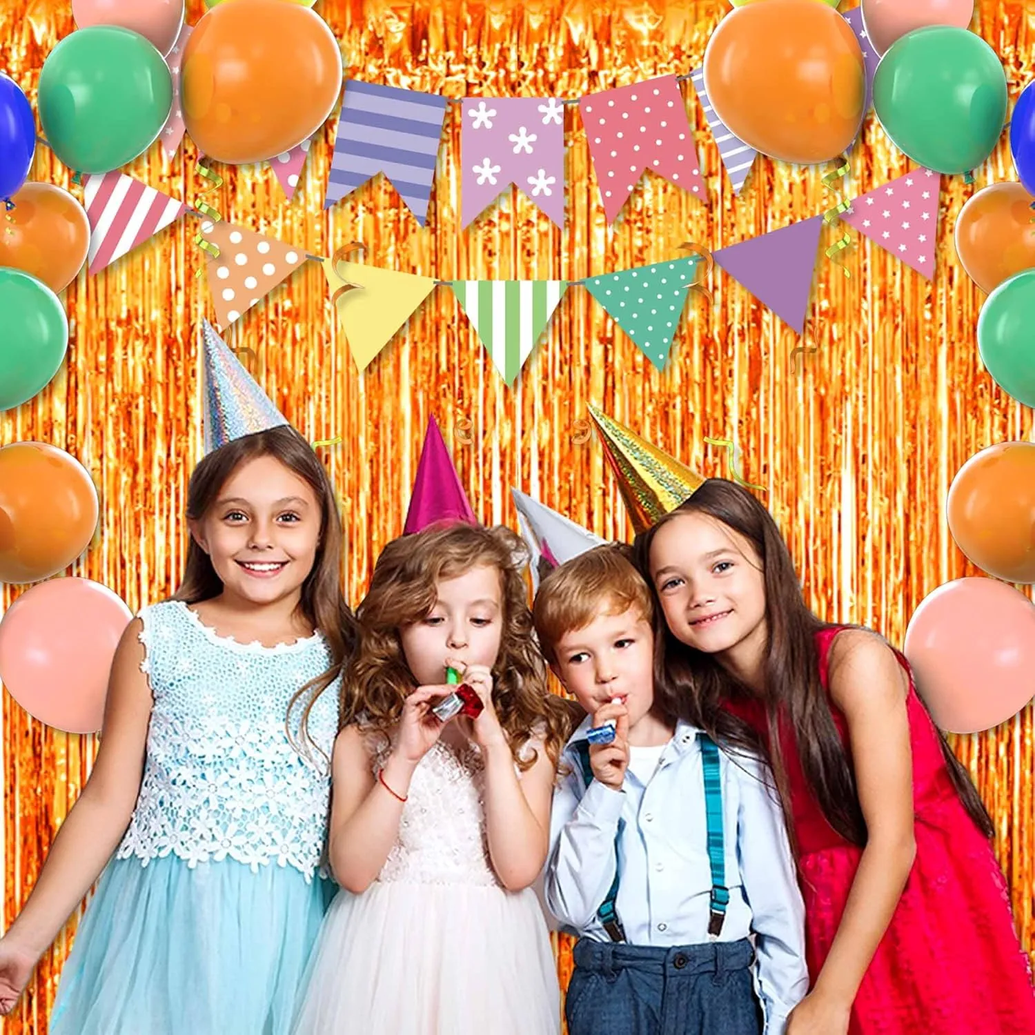 6 Pack Orange Foil Fringe Curtains Backdrop, 3.28 x 8.2 Ft Metallic Streamers Tinsel Curtains Background for Photo Booth, Birthday, Christmas, Halloween, Thanksgiving, New Year Party Decorations