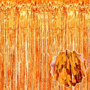 6 Pack Orange Foil Fringe Curtains Backdrop, 3.28 x 8.2 Ft Metallic Streamers Tinsel Curtains Background for Photo Booth, Birthday, Christmas, Halloween, Thanksgiving, New Year Party Decorations