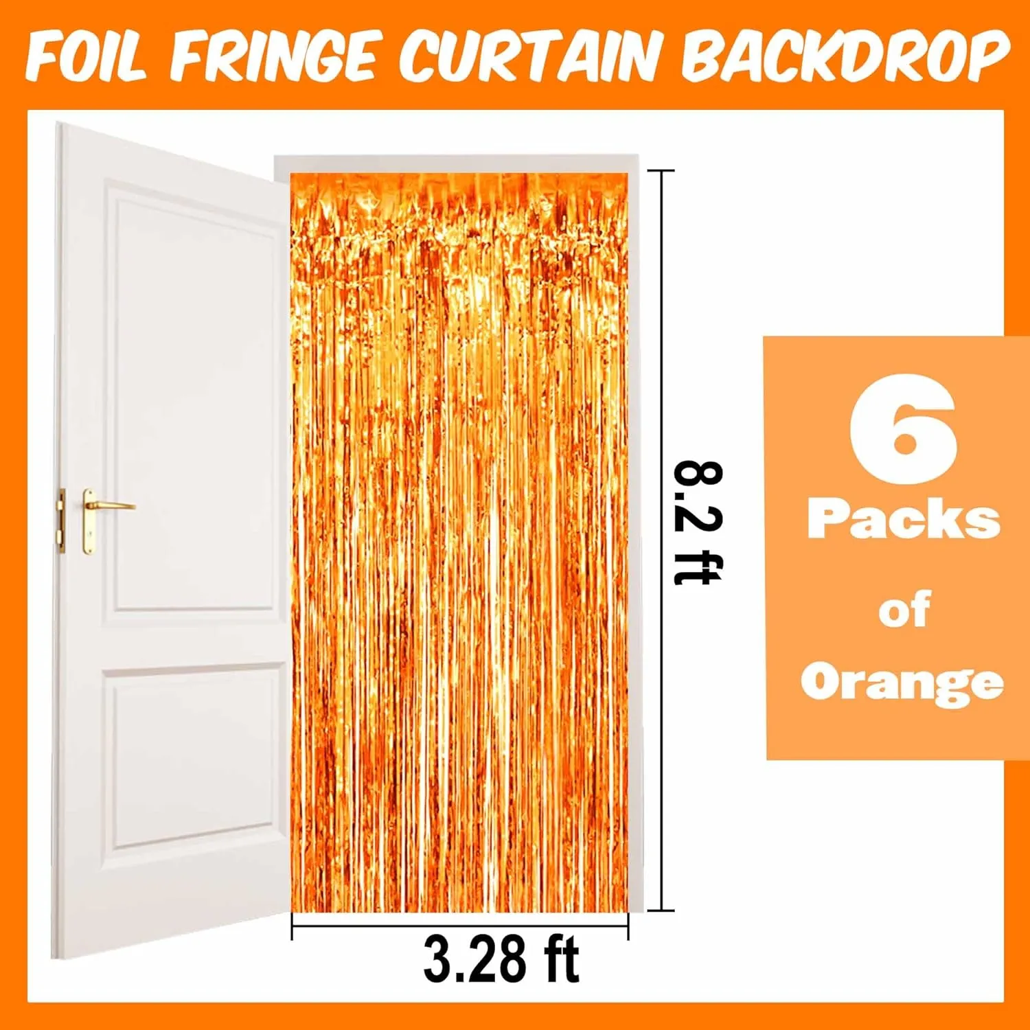 6 Pack Orange Foil Fringe Curtains Backdrop, 3.28 x 8.2 Ft Metallic Streamers Tinsel Curtains Background for Photo Booth, Birthday, Christmas, Halloween, Thanksgiving, New Year Party Decorations