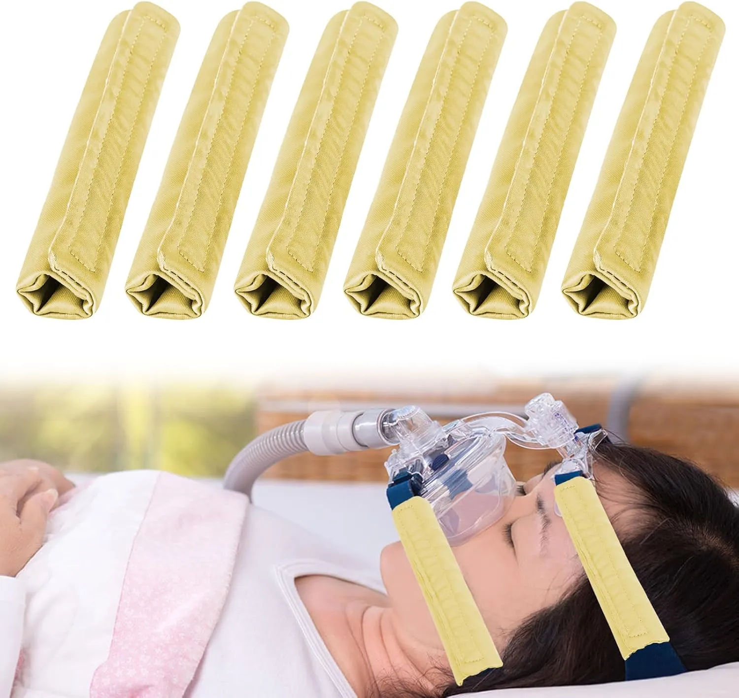 6 Packs Satin CPAP Strap Covers Soft, CPAP Mask Cushions, Breathable CPAP Strap Cushions, CPAP Hair Protector for Women and Man, Universal Silk CPAP Strap Covers for Reducing Red Marks (Yellow)