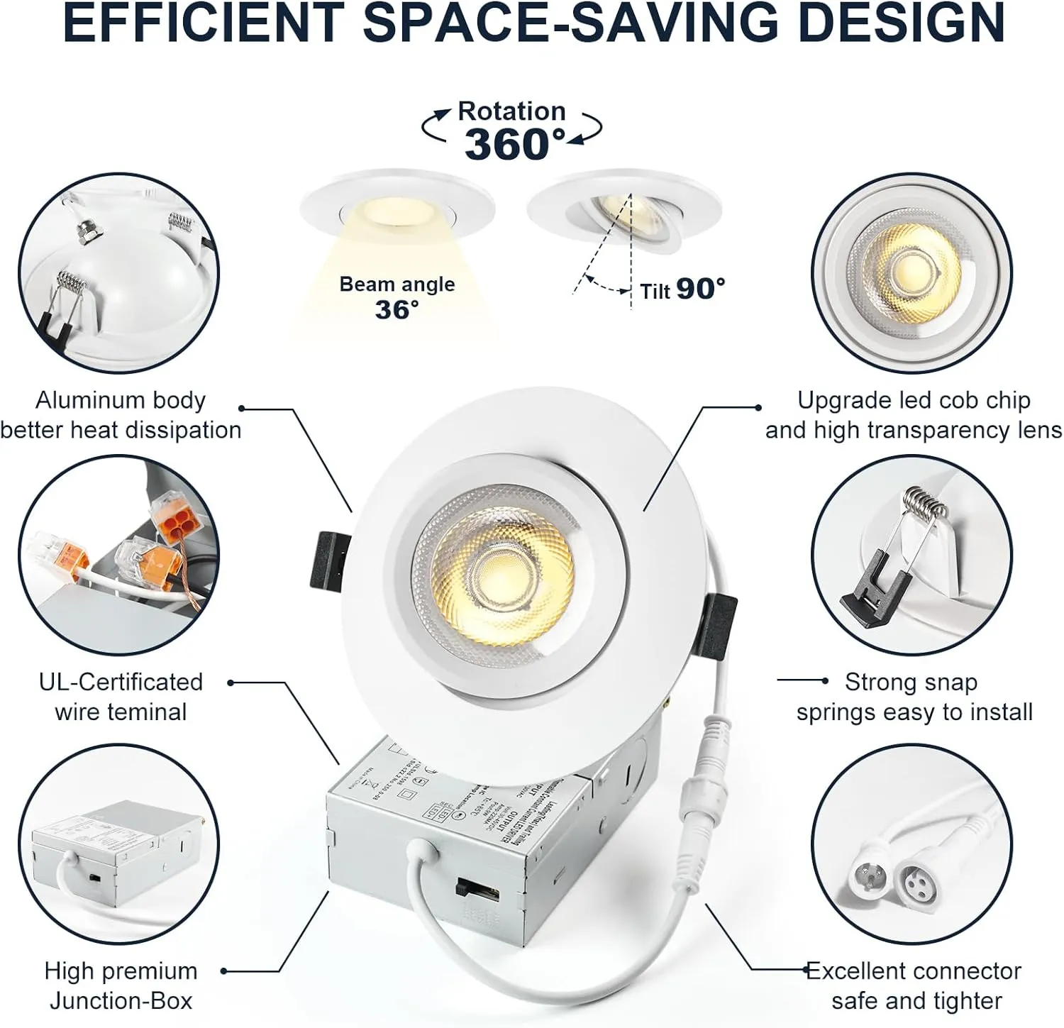 6 Packs White 4-inch 5 CCT Gimbal LED Recessed/Downlight Color Selectable 2700K/3000K/3500K/4000K/5000K 800Lm 9W 120V Dimness Adjustable LED Lights