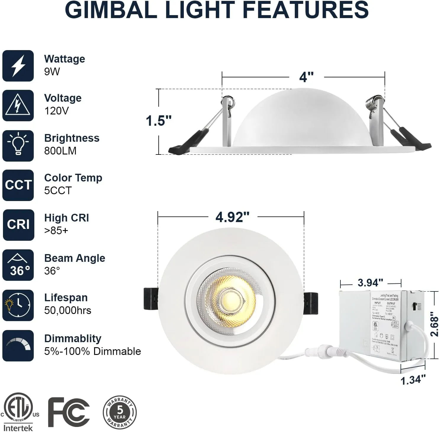 6 Packs White 4-inch 5 CCT Gimbal LED Recessed/Downlight Color Selectable 2700K/3000K/3500K/4000K/5000K 800Lm 9W 120V Dimness Adjustable LED Lights