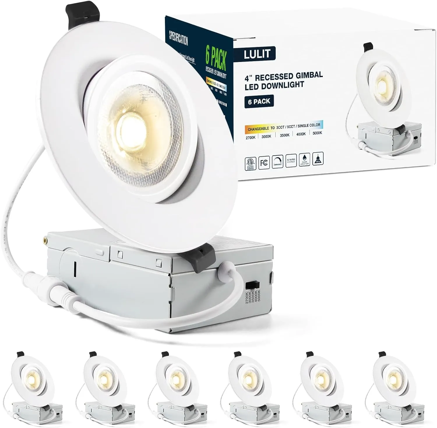 6 Packs White 4-inch 5 CCT Gimbal LED Recessed/Downlight Color Selectable 2700K/3000K/3500K/4000K/5000K 800Lm 9W 120V Dimness Adjustable LED Lights