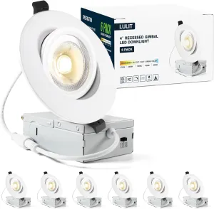 6 Packs White 4-inch 5 CCT Gimbal LED Recessed/Downlight Color Selectable 2700K/3000K/3500K/4000K/5000K 800Lm 9W 120V Dimness Adjustable LED Lights