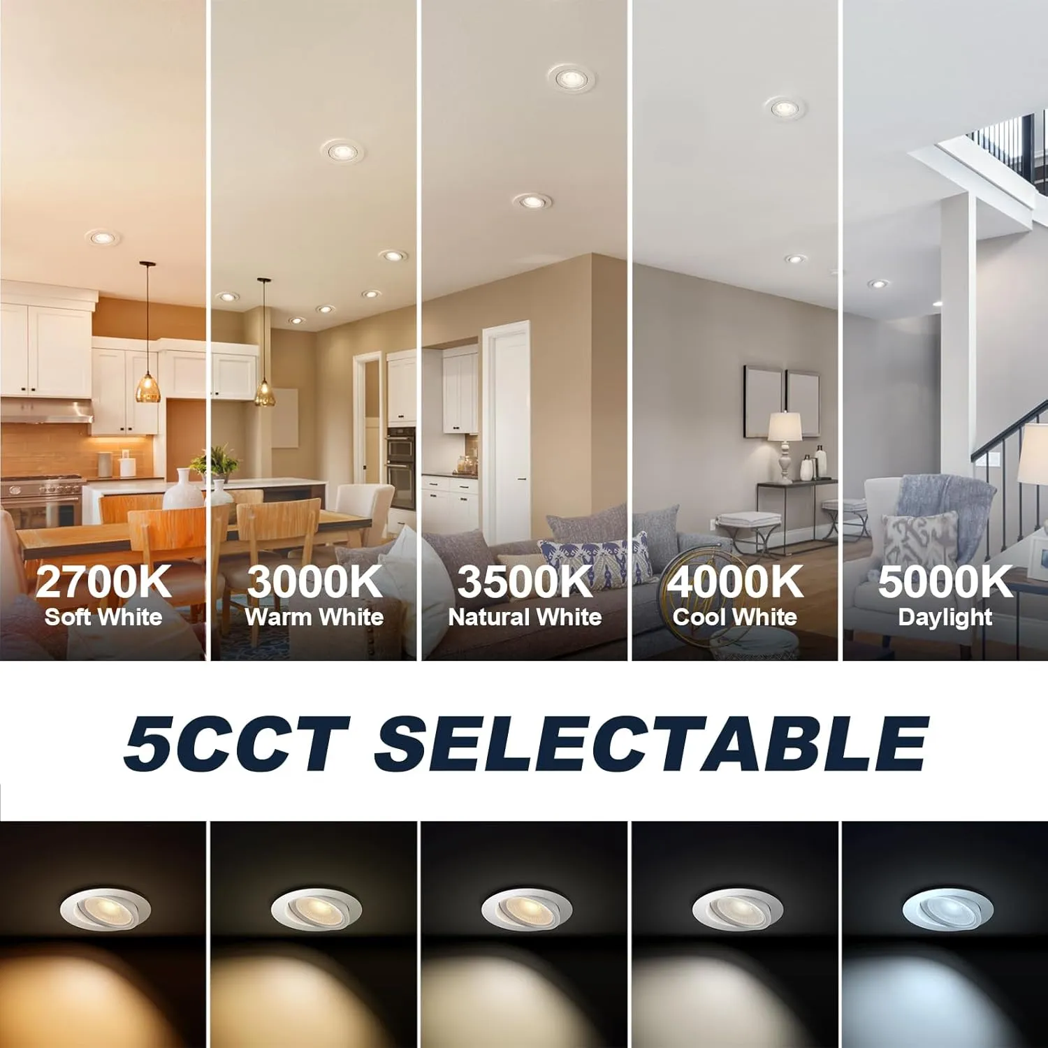 6 Packs White 4-inch 5 CCT Gimbal LED Recessed/Downlight Color Selectable 2700K/3000K/3500K/4000K/5000K 800Lm 9W 120V Dimness Adjustable LED Lights