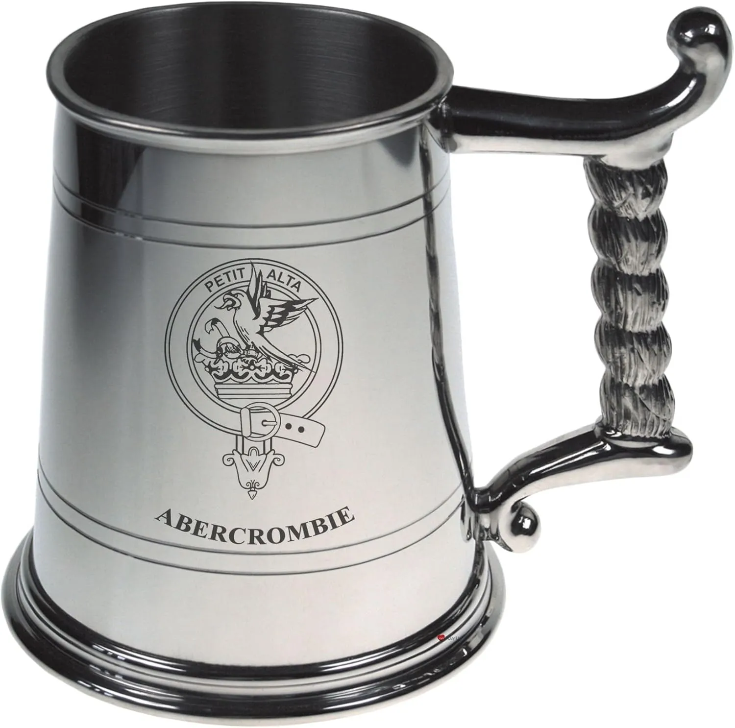 Abercrombie Crest Tankard with Rope Handle in Polished Pewter 1 Pint Capacity