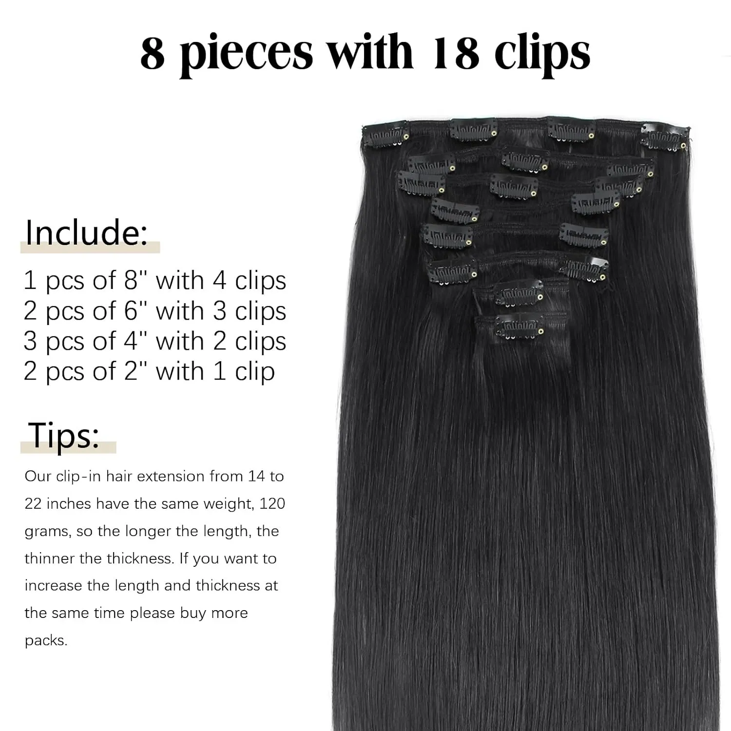 ABH AMAZINGBEAUTY HAIR Clip in Hair Extensions Human Hair Straight Clip in Extensions Full Head Clip in Remy Human Hair Clip ins Jet Black Color #1 Reusable Invisible 8Pcs 20 Inch 120 Grams