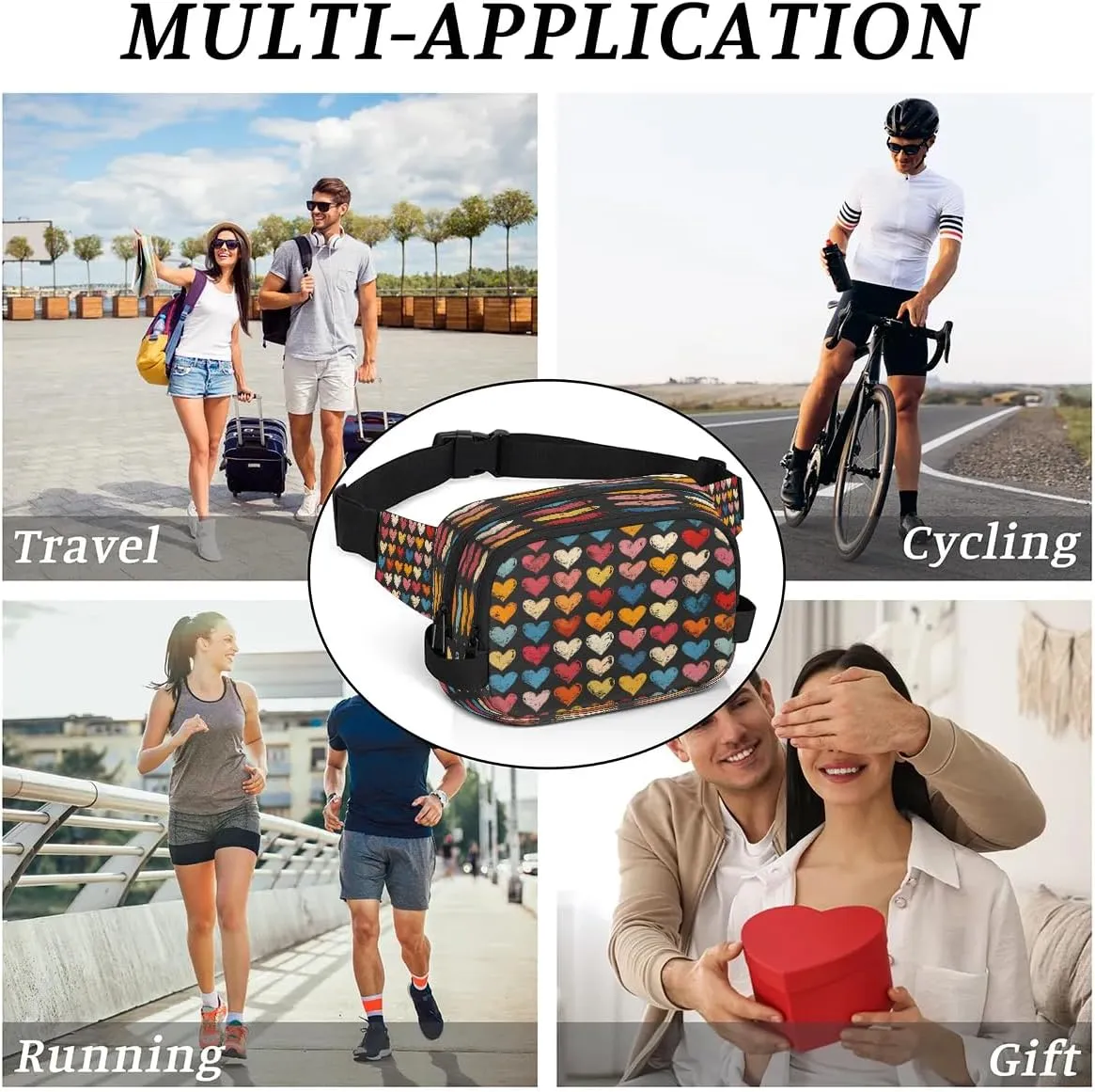 Abstraction Heart Retro Printings Fanny Packs for Women Men Waterproof Waist Bag with Adjustable Strap Belt Bag for Travel Running Hiking