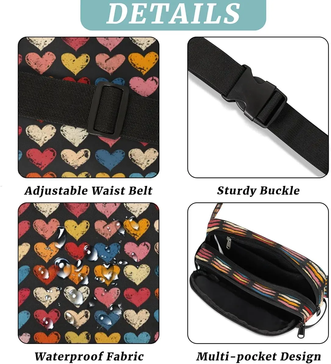 Abstraction Heart Retro Printings Fanny Packs for Women Men Waterproof Waist Bag with Adjustable Strap Belt Bag for Travel Running Hiking