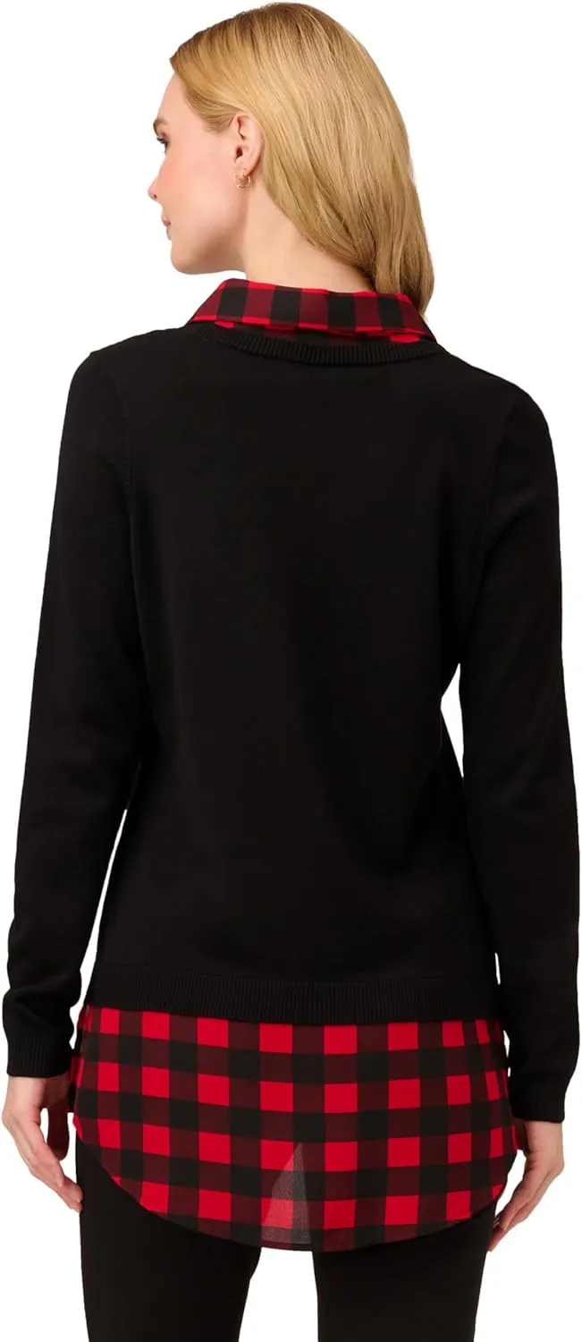 Adrianna Papell Women's Printed V-Neck Twofer Sweater