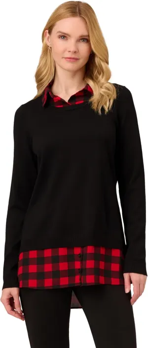 Adrianna Papell Women's Printed V-Neck Twofer Sweater
