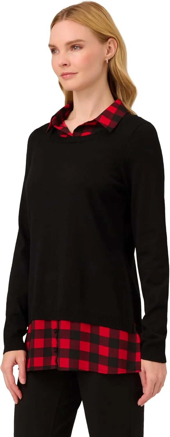 Adrianna Papell Women's Printed V-Neck Twofer Sweater