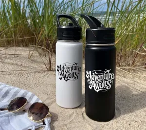 Adventure Awaits Personalized Stainless Steel Water Bottle, Vacuum-insulated, 18 or 32 ounce Size, Keeps Liquids Pipping Hot or Icy Cold! (Straw or Mouthtop). Adventure Bottle. Made in America.