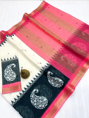 Affordable Linen Printed Saree with Gold Zari Border SA125-265