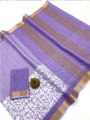 Affordable Linen Printed Saree with Gold Zari Border SA125-268