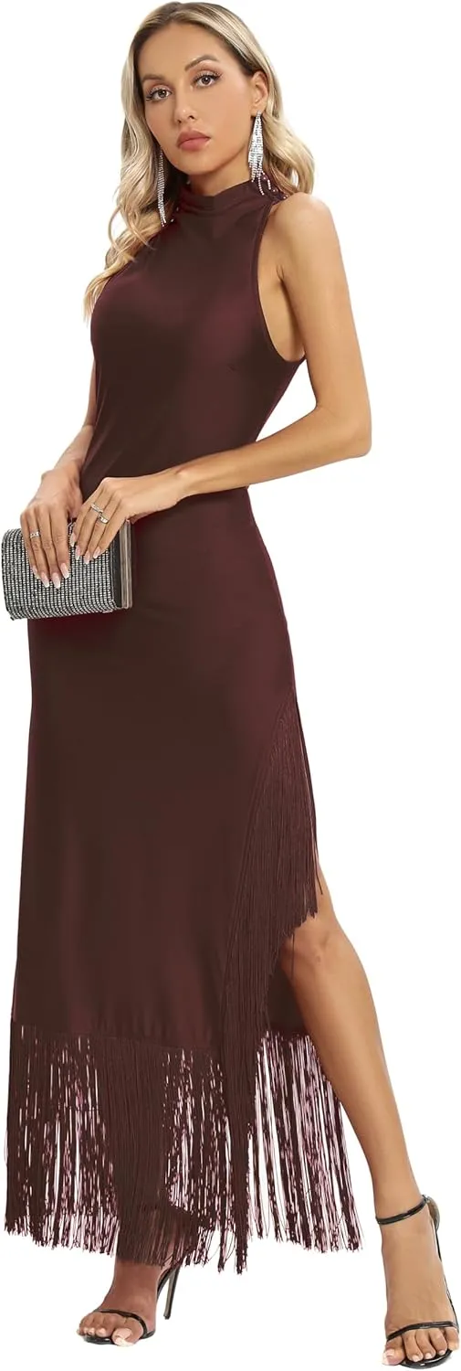 Aigeman Women Vintage Flapper Dresses 1920s Great Gatsby Halter Fringed Maxi Dress Tassels High Split Formal Dress 19
