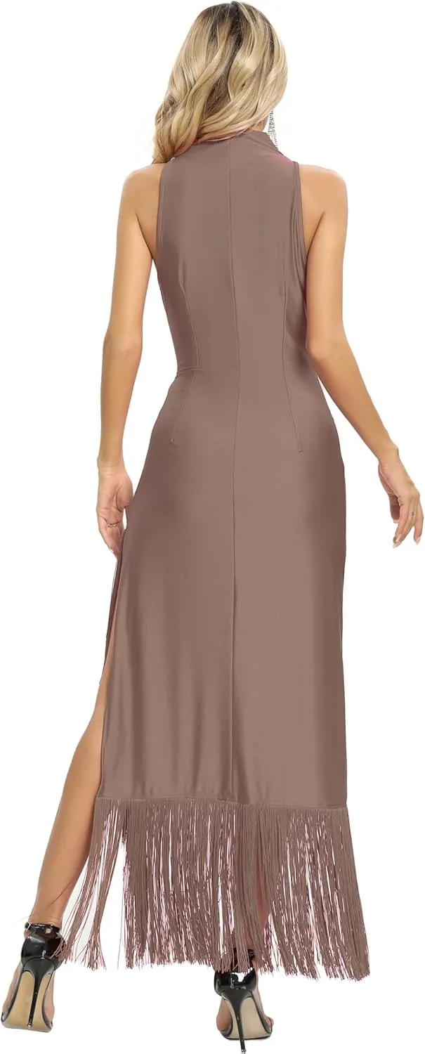 Aigeman Women Vintage Flapper Dresses 1920s Great Gatsby Halter Fringed Maxi Dress Tassels High Split Formal Dress 19