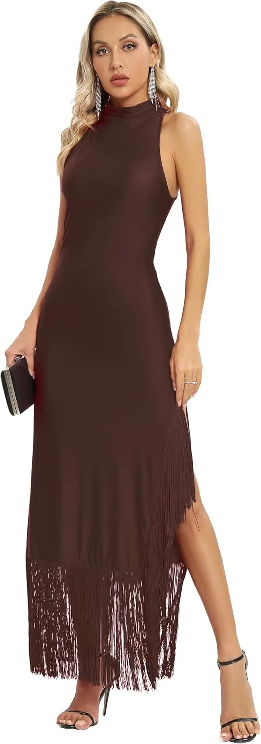 Aigeman Women Vintage Flapper Dresses 1920s Great Gatsby Halter Fringed Maxi Dress Tassels High Split Formal Dress 19