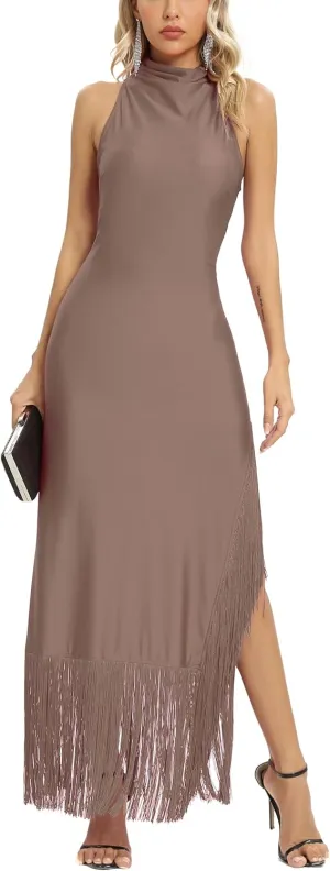 Aigeman Women Vintage Flapper Dresses 1920s Great Gatsby Halter Fringed Maxi Dress Tassels High Split Formal Dress 19
