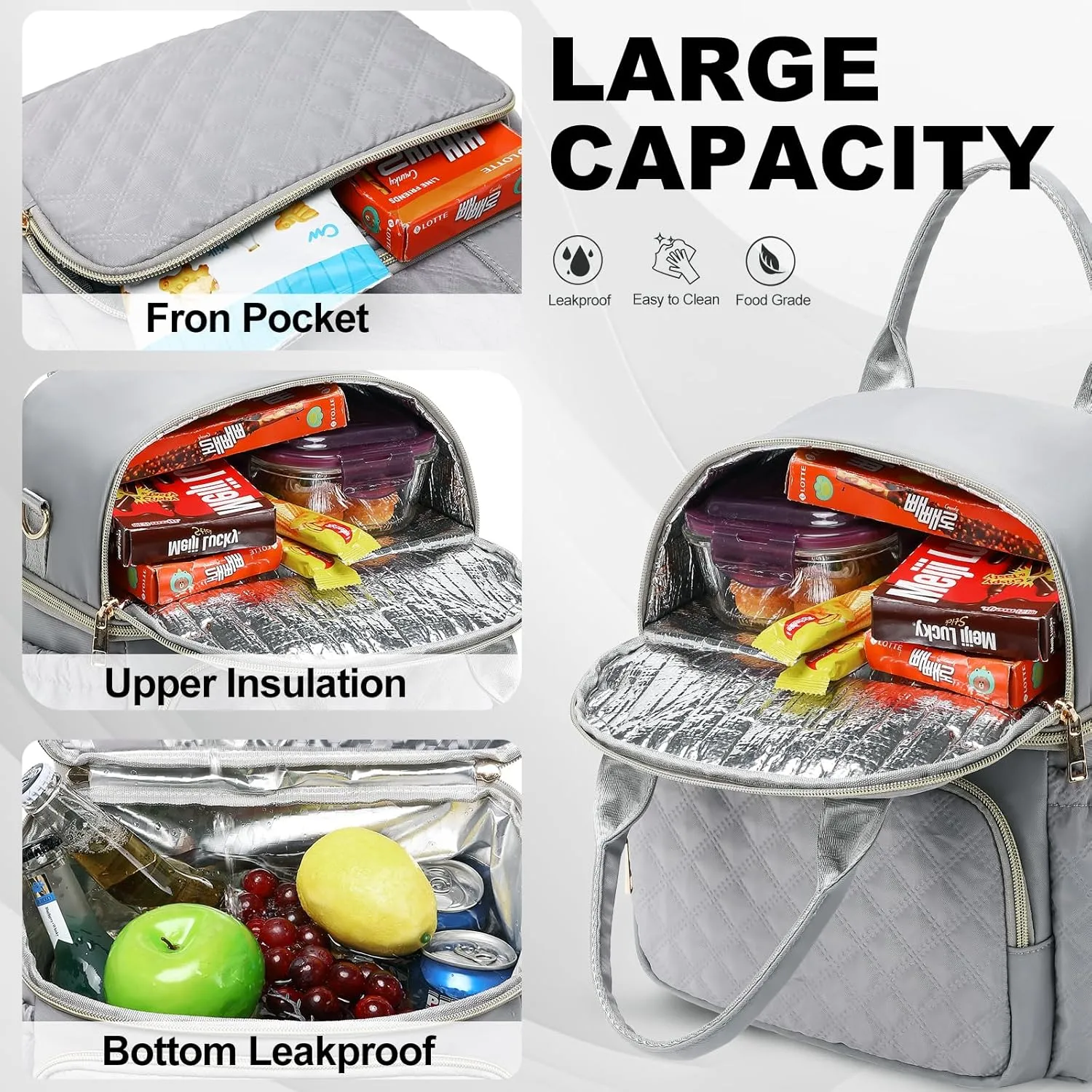 AIJIEKE Lunch Bag for Men Women, Dual Compartment Lunch Box Insulated Lunch Bags, Large Adult Double Deck Leak Proof Lunch Tote Cooler with Adjustable Shoulder Strap for Work Picnic Beach Hiking, Grey