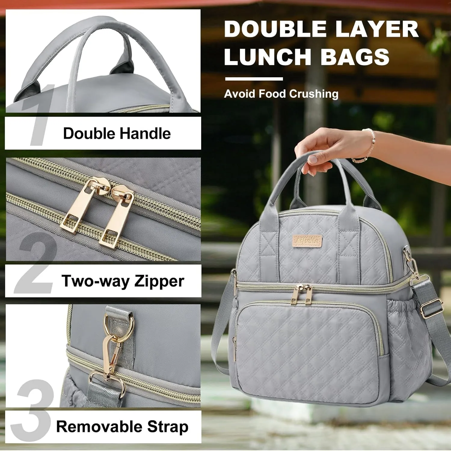 AIJIEKE Lunch Bag for Men Women, Dual Compartment Lunch Box Insulated Lunch Bags, Large Adult Double Deck Leak Proof Lunch Tote Cooler with Adjustable Shoulder Strap for Work Picnic Beach Hiking, Grey