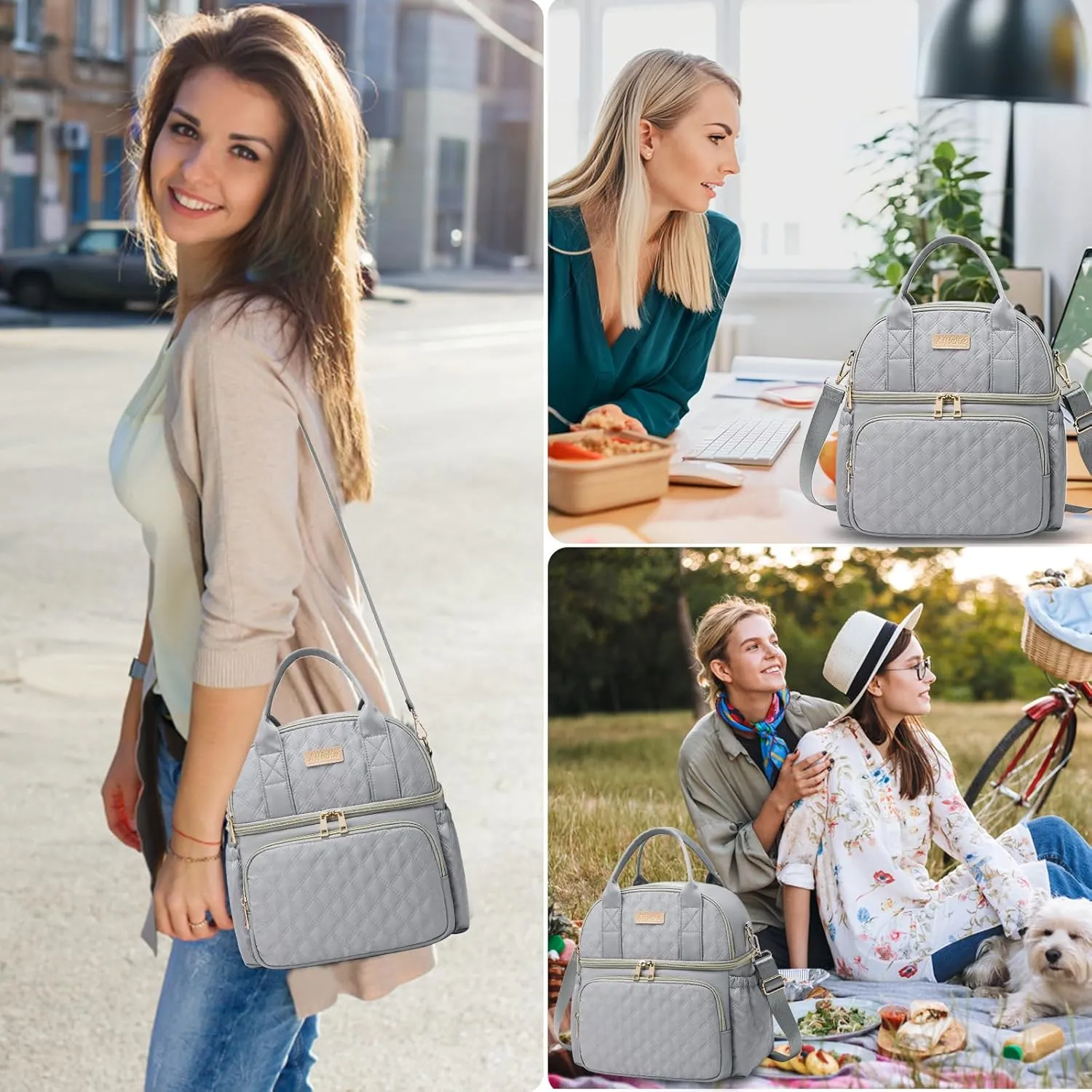 AIJIEKE Lunch Bag for Men Women, Dual Compartment Lunch Box Insulated Lunch Bags, Large Adult Double Deck Leak Proof Lunch Tote Cooler with Adjustable Shoulder Strap for Work Picnic Beach Hiking, Grey