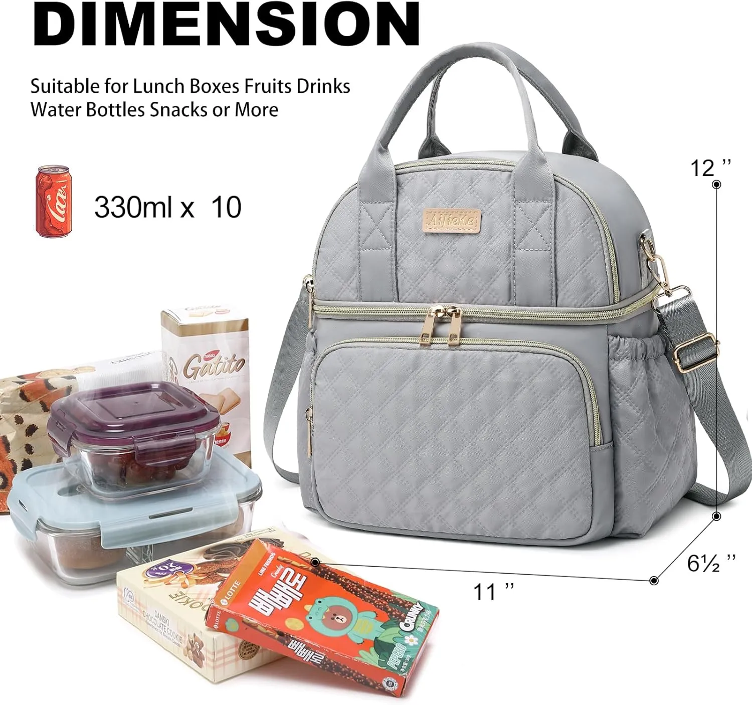 AIJIEKE Lunch Bag for Men Women, Dual Compartment Lunch Box Insulated Lunch Bags, Large Adult Double Deck Leak Proof Lunch Tote Cooler with Adjustable Shoulder Strap for Work Picnic Beach Hiking, Grey