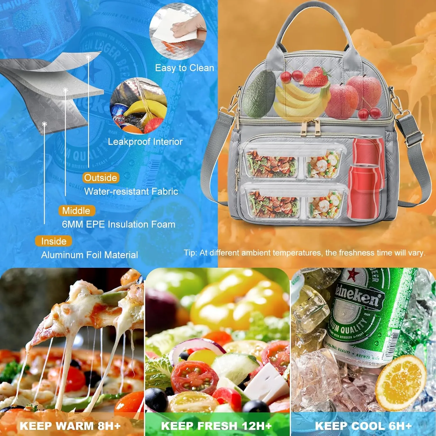AIJIEKE Lunch Bag for Men Women, Dual Compartment Lunch Box Insulated Lunch Bags, Large Adult Double Deck Leak Proof Lunch Tote Cooler with Adjustable Shoulder Strap for Work Picnic Beach Hiking, Grey