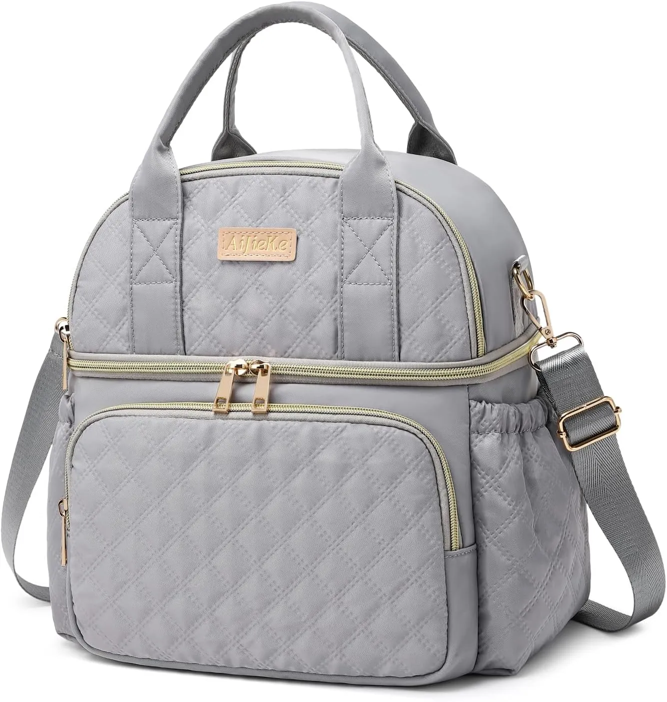 AIJIEKE Lunch Bag for Men Women, Dual Compartment Lunch Box Insulated Lunch Bags, Large Adult Double Deck Leak Proof Lunch Tote Cooler with Adjustable Shoulder Strap for Work Picnic Beach Hiking, Grey