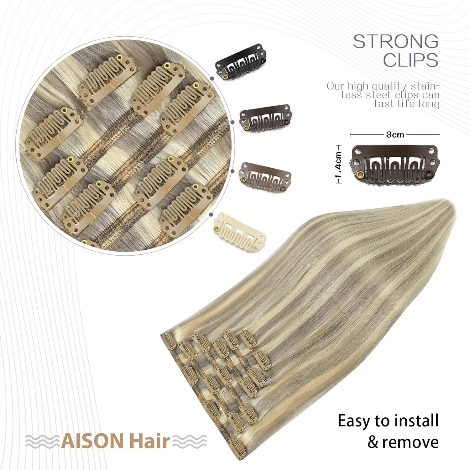 Aison Blonde Clip in Hair Extensions Real Human Hair 18 Inch Ash Blonde Mixed Bleach Blonde Hair Extensions Clip in Real Human Hair Double Weft 70g 7pcs #18p613