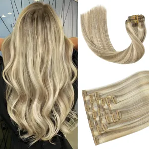 Aison Blonde Clip in Hair Extensions Real Human Hair 18 Inch Ash Blonde Mixed Bleach Blonde Hair Extensions Clip in Real Human Hair Double Weft 70g 7pcs #18p613