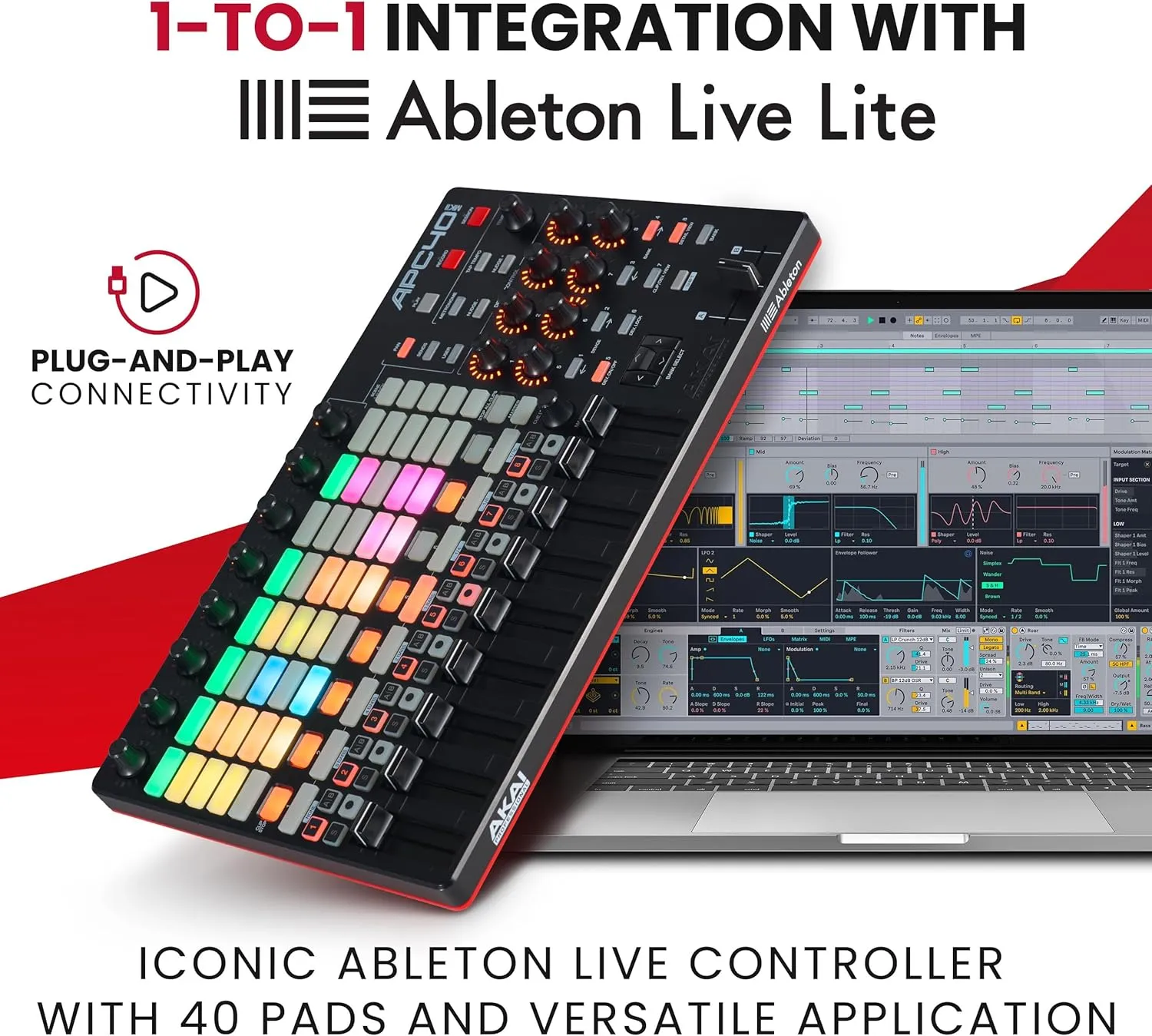 Akai Professional APC40 MKII - USB MIDI Controller for 1 to 1 Mapping with Ableton Live Lite with 5x8 Clip Launch Matrix, Knobs and Faders, Pro Software Suite Included