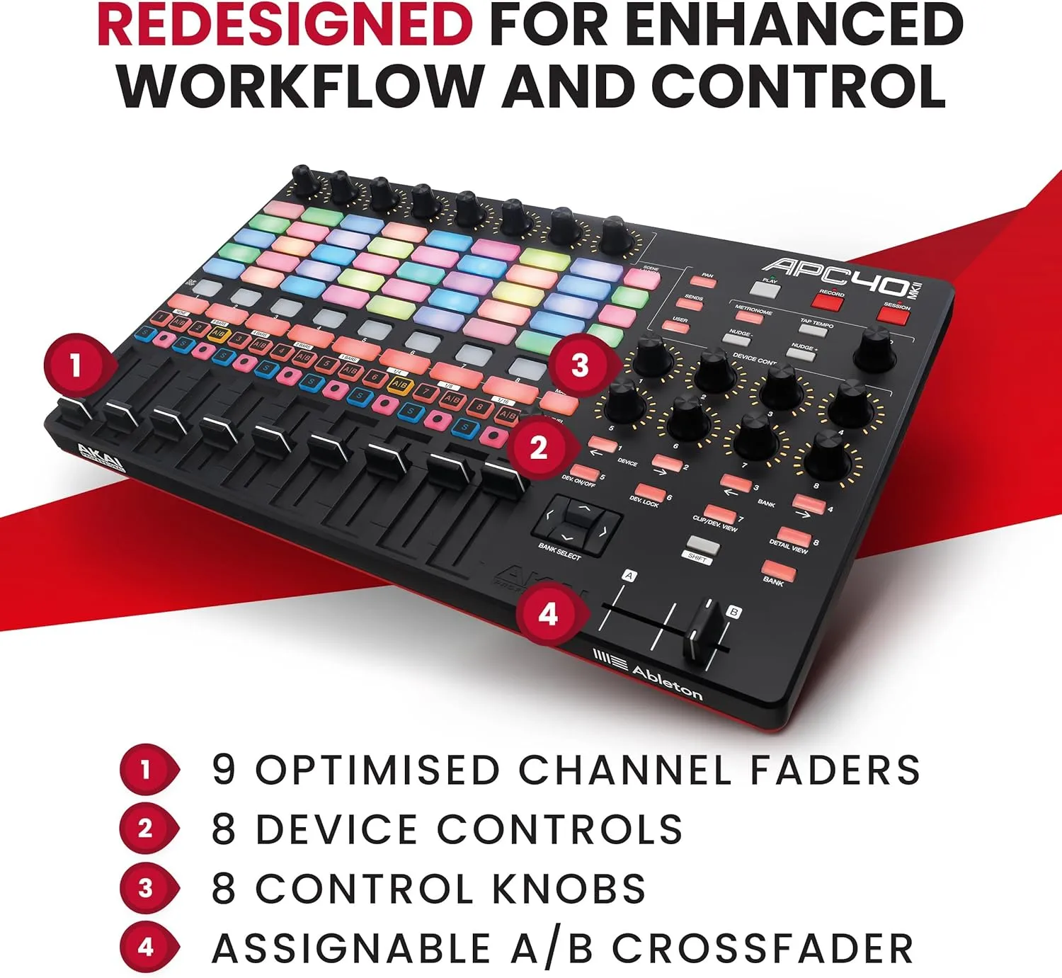 Akai Professional APC40 MKII - USB MIDI Controller for 1 to 1 Mapping with Ableton Live Lite with 5x8 Clip Launch Matrix, Knobs and Faders, Pro Software Suite Included