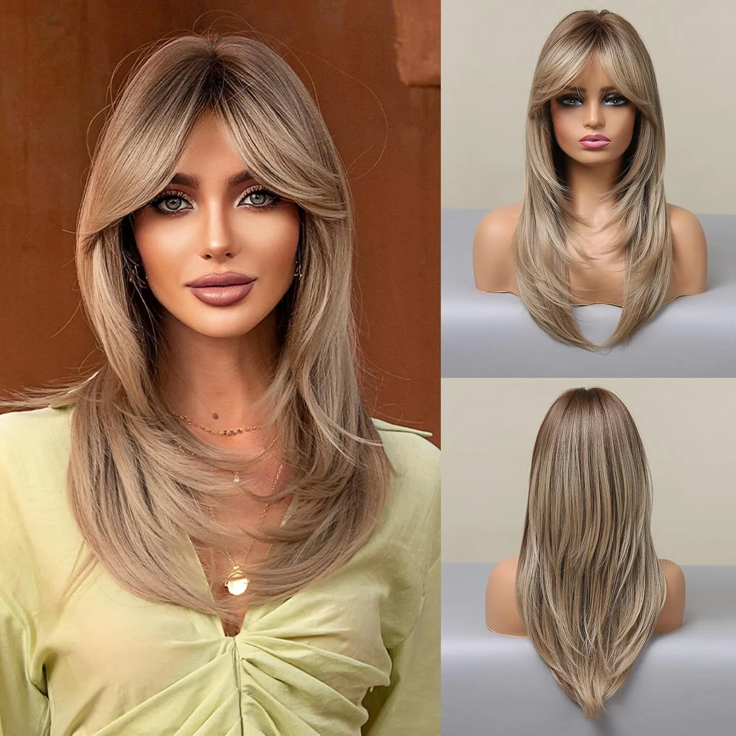 Allbell Dark Blonde Wig for Women Long Straight Layered Wigs with Curtain Bangs Natural Looking Synthetic Hair Wig for Daily Cosplay Use