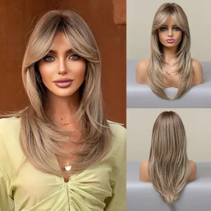 Allbell Dark Blonde Wig for Women Long Straight Layered Wigs with Curtain Bangs Natural Looking Synthetic Hair Wig for Daily Cosplay Use