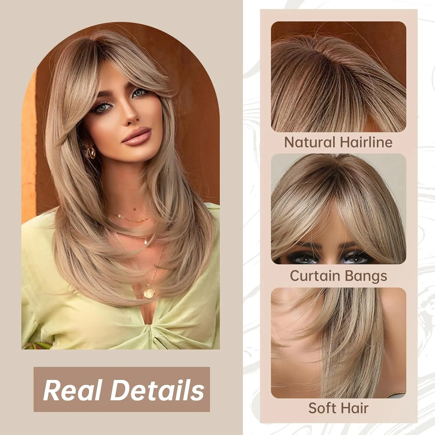 Allbell Dark Blonde Wig for Women Long Straight Layered Wigs with Curtain Bangs Natural Looking Synthetic Hair Wig for Daily Cosplay Use