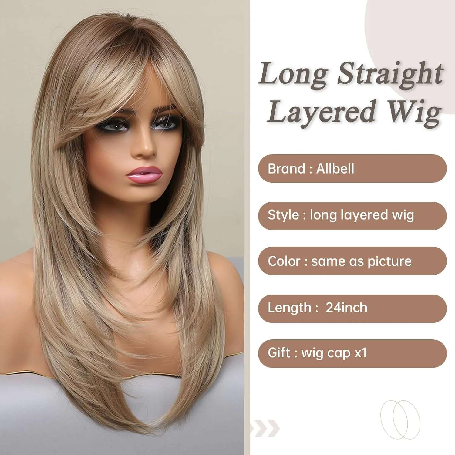 Allbell Dark Blonde Wig for Women Long Straight Layered Wigs with Curtain Bangs Natural Looking Synthetic Hair Wig for Daily Cosplay Use
