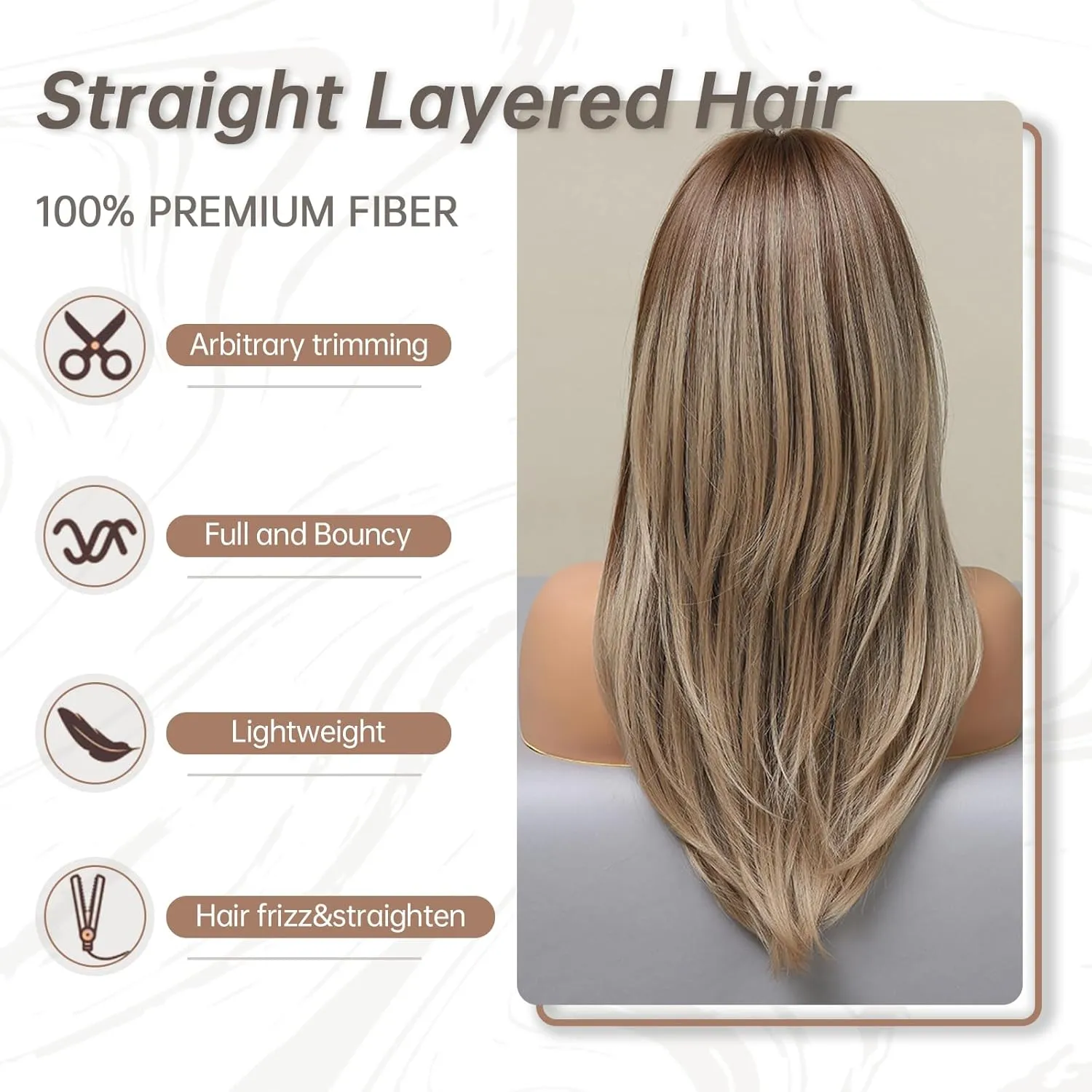 Allbell Dark Blonde Wig for Women Long Straight Layered Wigs with Curtain Bangs Natural Looking Synthetic Hair Wig for Daily Cosplay Use