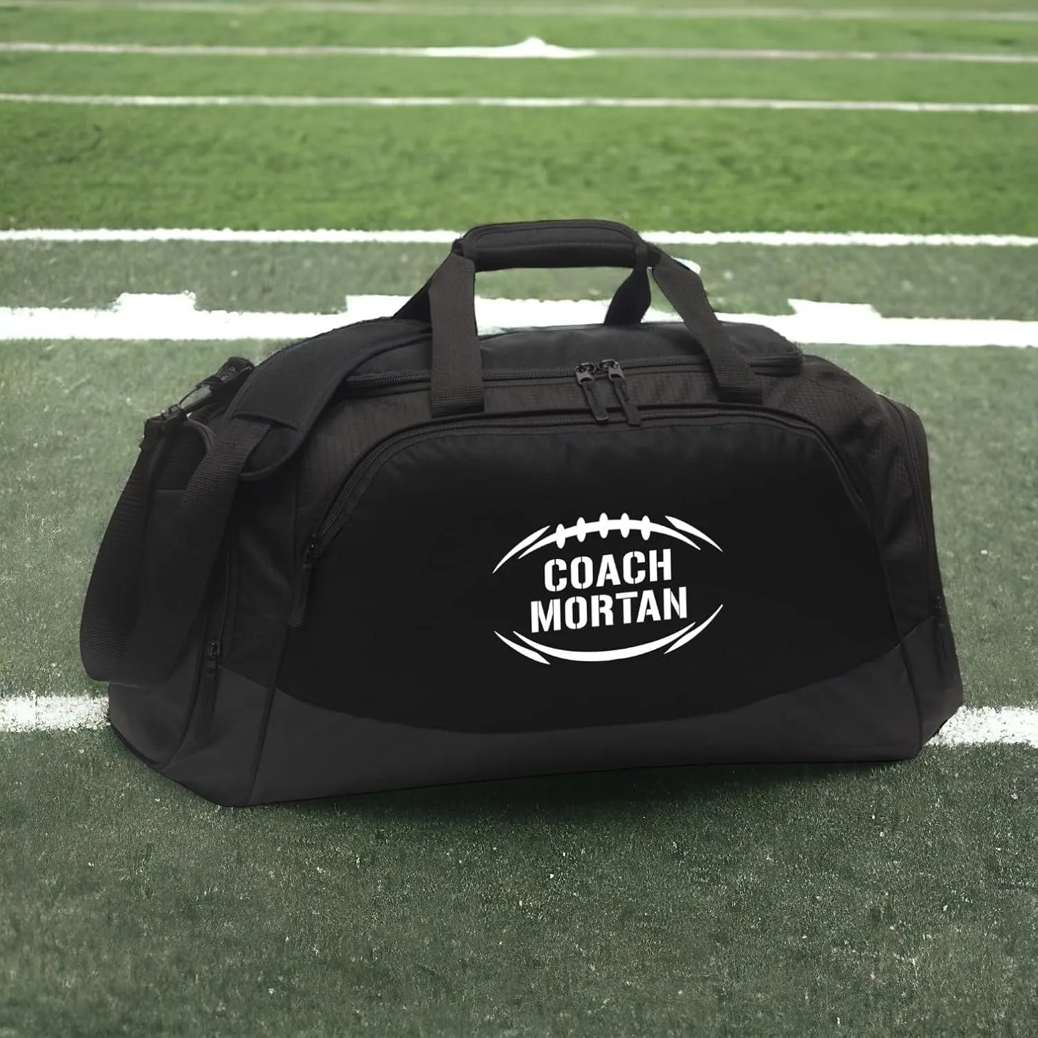 Alterd Industries Personalized Football Coach Bag - Custom Football Duffle Bag with Shoe Compartment for Gear and Equipment for Coaches Men Teens High School Sports (Bag Only, Coach, Black/Black)