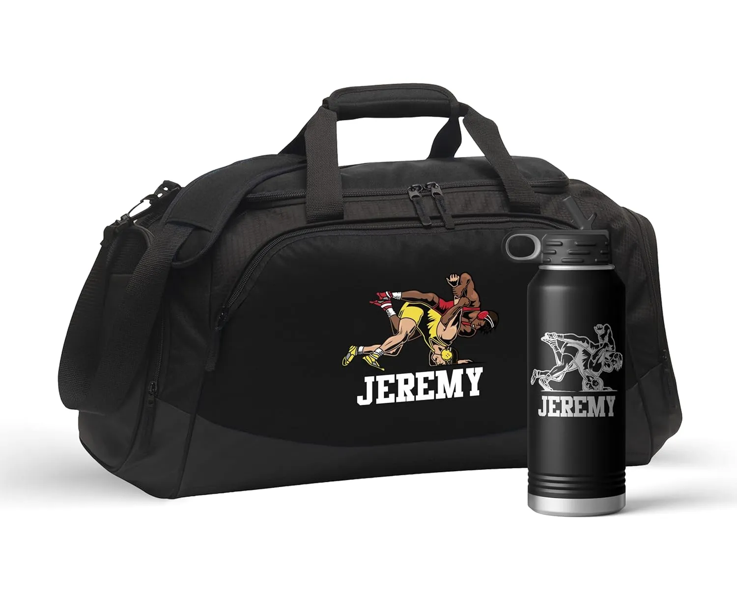 Alterd Industries Wrestling Duffel Bag - Personalized Wrestler Gym Bag, Girls Wrestling, wrestling bags for boys, Water Bottle, Backpack, Accessories (Male Wrestler, Black/Black, Bag/Bottle Combo)