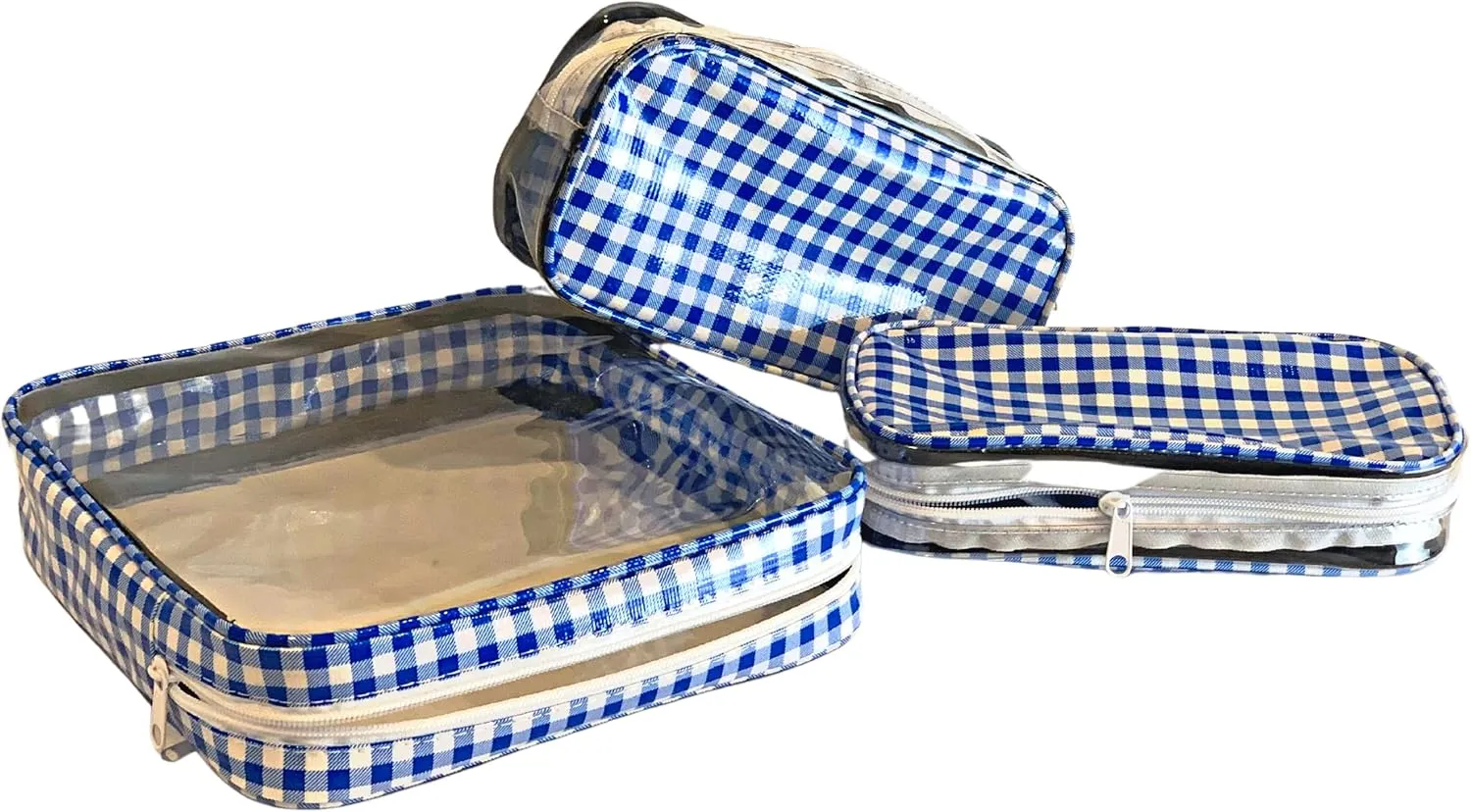 Alux 3-Pc Travel Makeup Bags for Women; Multi-Color, Chic and Stylish Travel Toiletry Bag Set; Large and Medium Makeup Bags for Vanity and Luggage and Small Makeup Bag for Purse - Gingham Blue