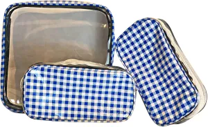 Alux 3-Pc Travel Makeup Bags for Women; Multi-Color, Chic and Stylish Travel Toiletry Bag Set; Large and Medium Makeup Bags for Vanity and Luggage and Small Makeup Bag for Purse - Gingham Blue