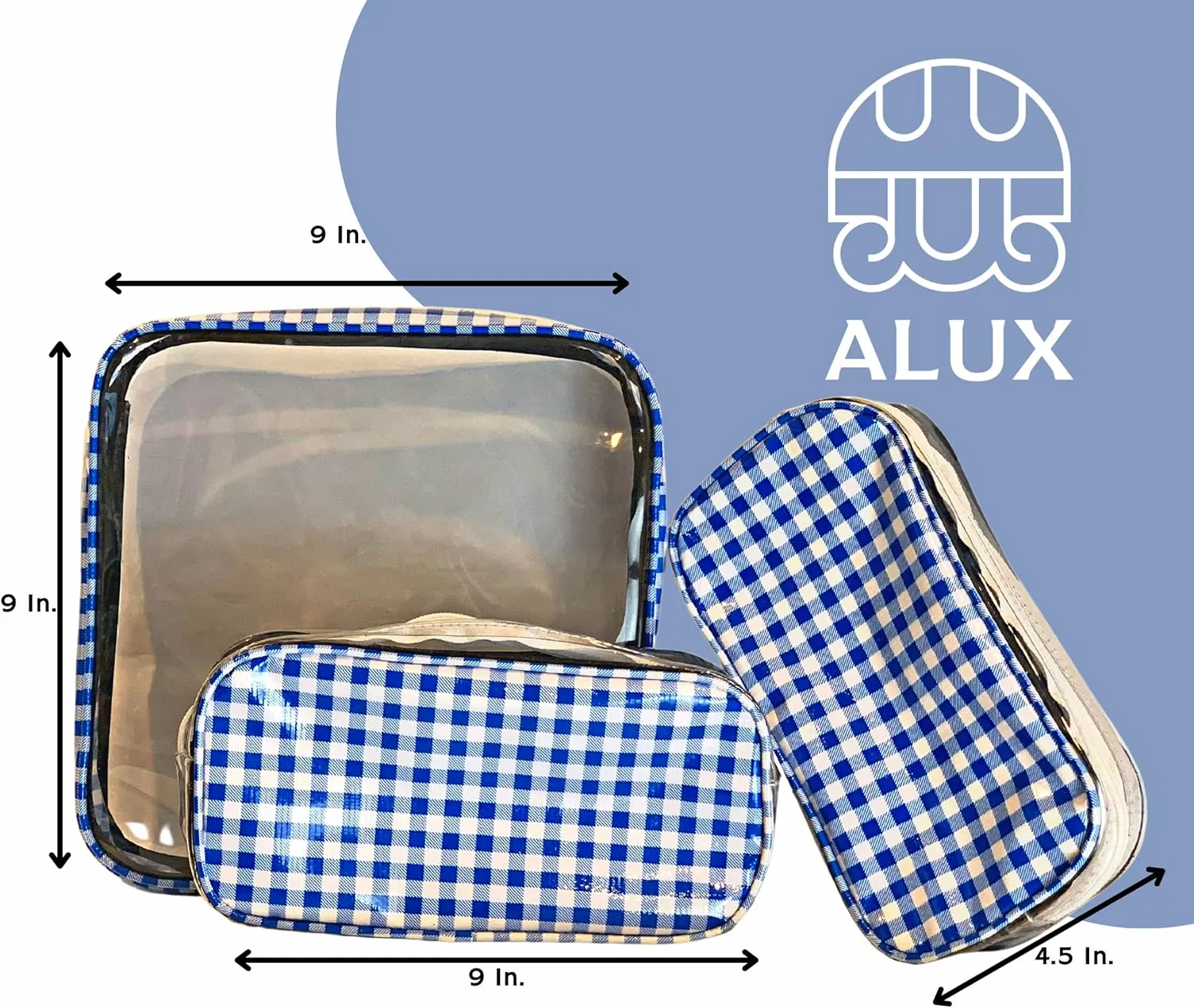 Alux 3-Pc Travel Makeup Bags for Women; Multi-Color, Chic and Stylish Travel Toiletry Bag Set; Large and Medium Makeup Bags for Vanity and Luggage and Small Makeup Bag for Purse - Gingham Blue