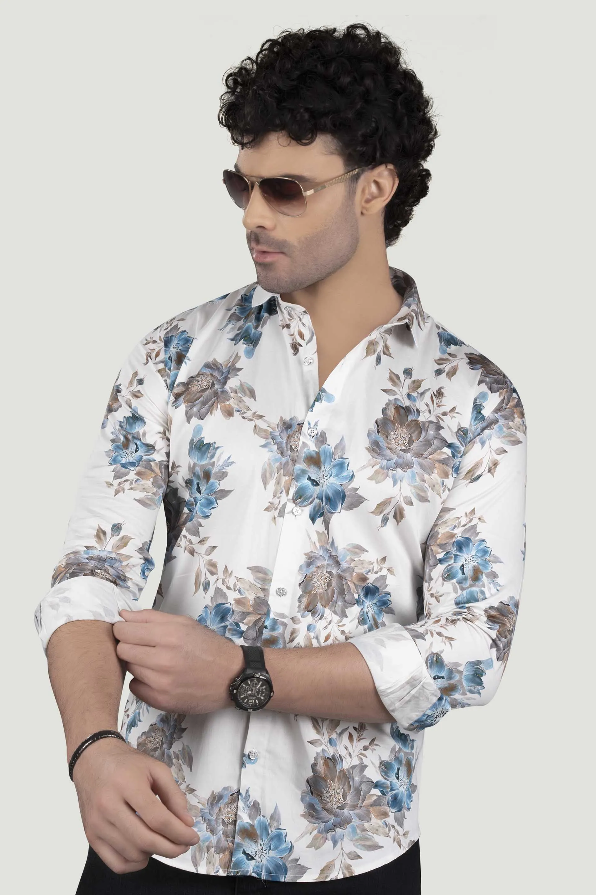 Alvian White Floral Giza Cotton Club Wear Shirt
